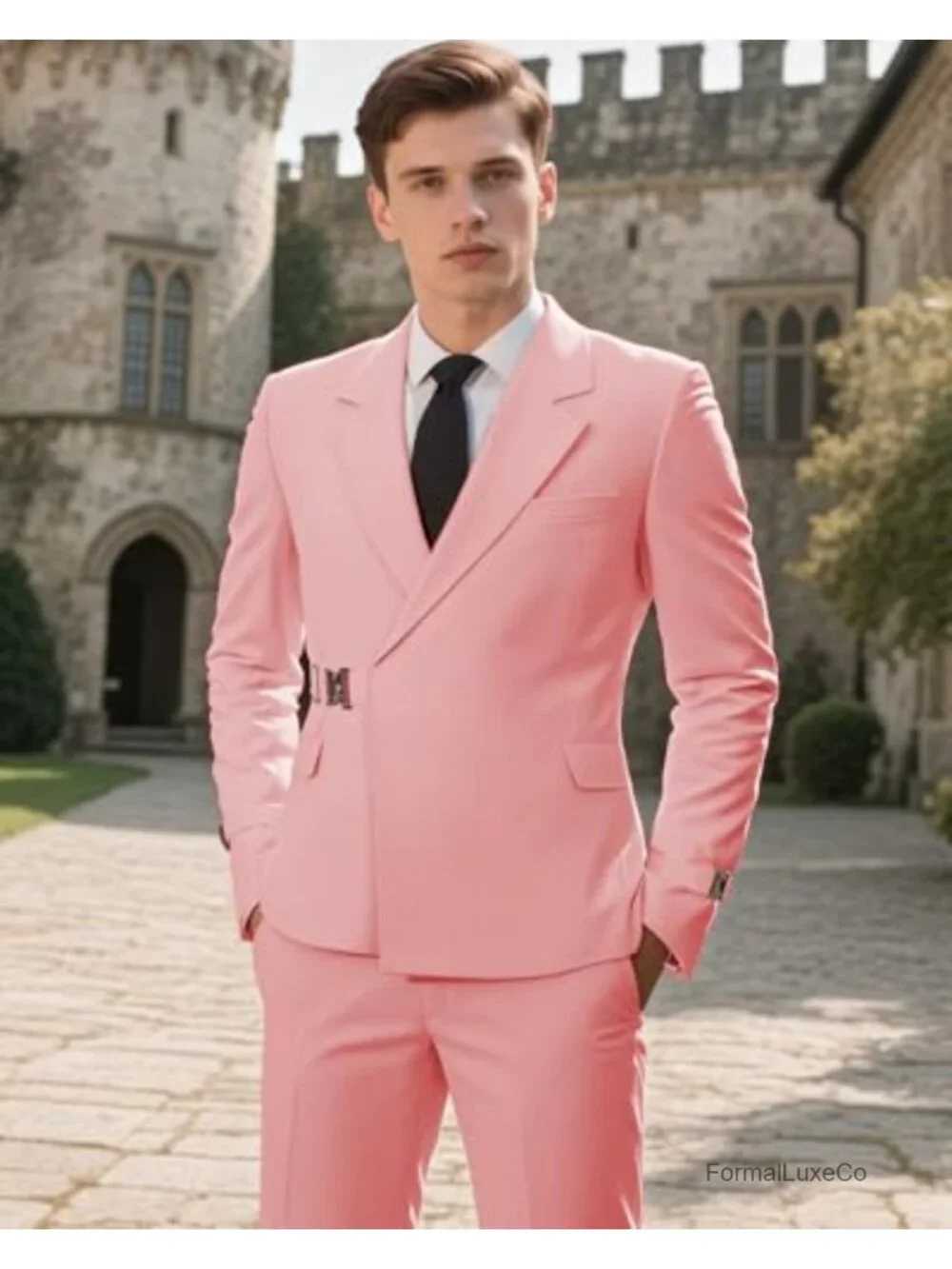 Men's 2-Piece Slim Fit Suit with Metal Clasp, Dress Blazer and Pants, Business